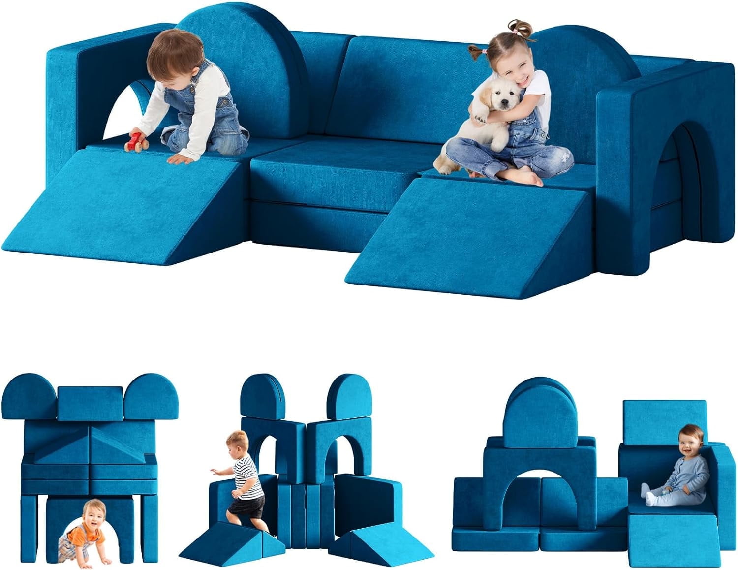 Modular Kids Play Couch 13pcs, Kids Sofa with Climbing Slope, Toddler ...