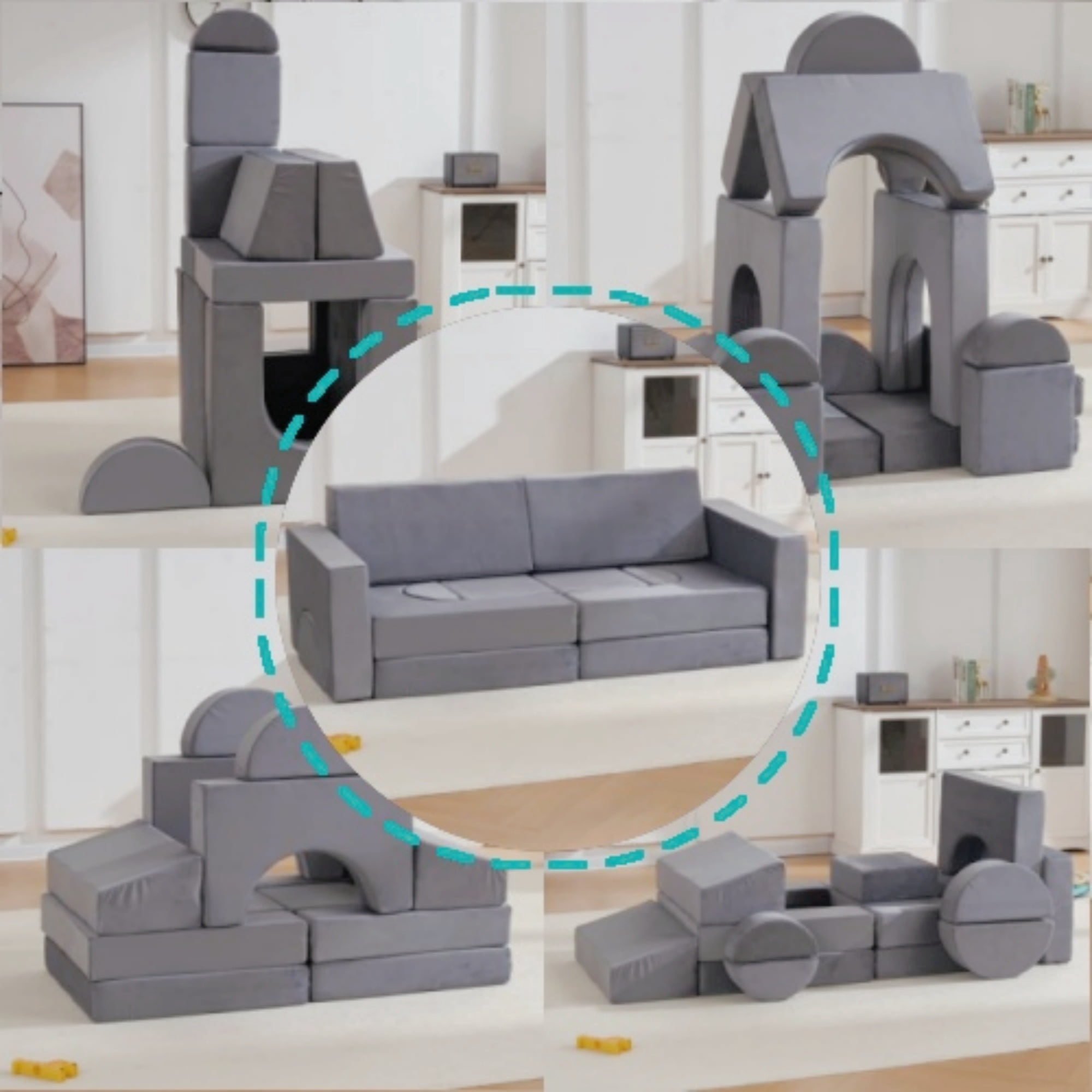 Modular Kids Play Couch 14-Piece Set, Soft Foam Building Block Sofa for Toddlers, Convertible Floor Cushion Activity Playset for Playroom and Nursery, Gray