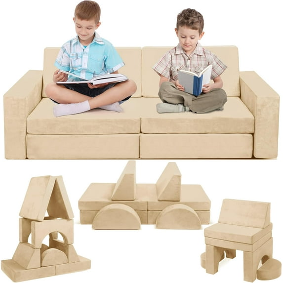 Modular Kids Play Couch, Child Sectional Sofa Imaginative Furniture Play Set for Creative Kids,Toddler to Teen Bedroom Furniture,Girls and Boys Playroom Convertible Sofa (Beige)
