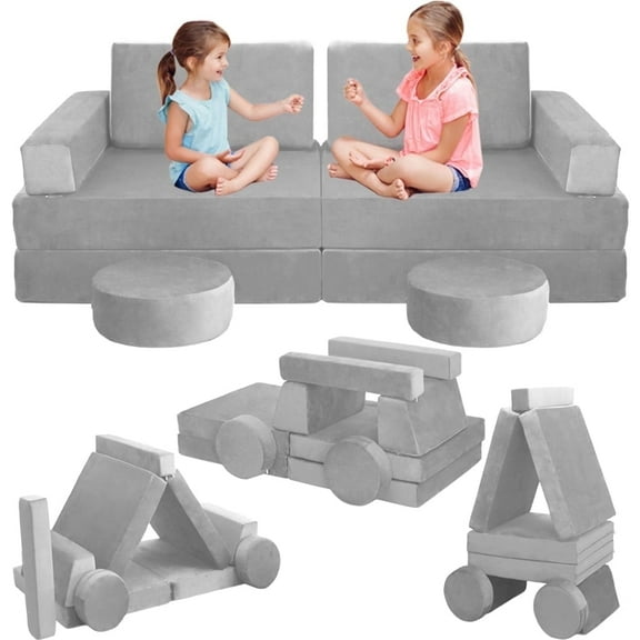Modular Kids Play Couch Convertible Toddler Building Fort Sofa and Cushion Child DIY Floor Sofa for Sleeping Playroom Bedroom for Boys and Girls