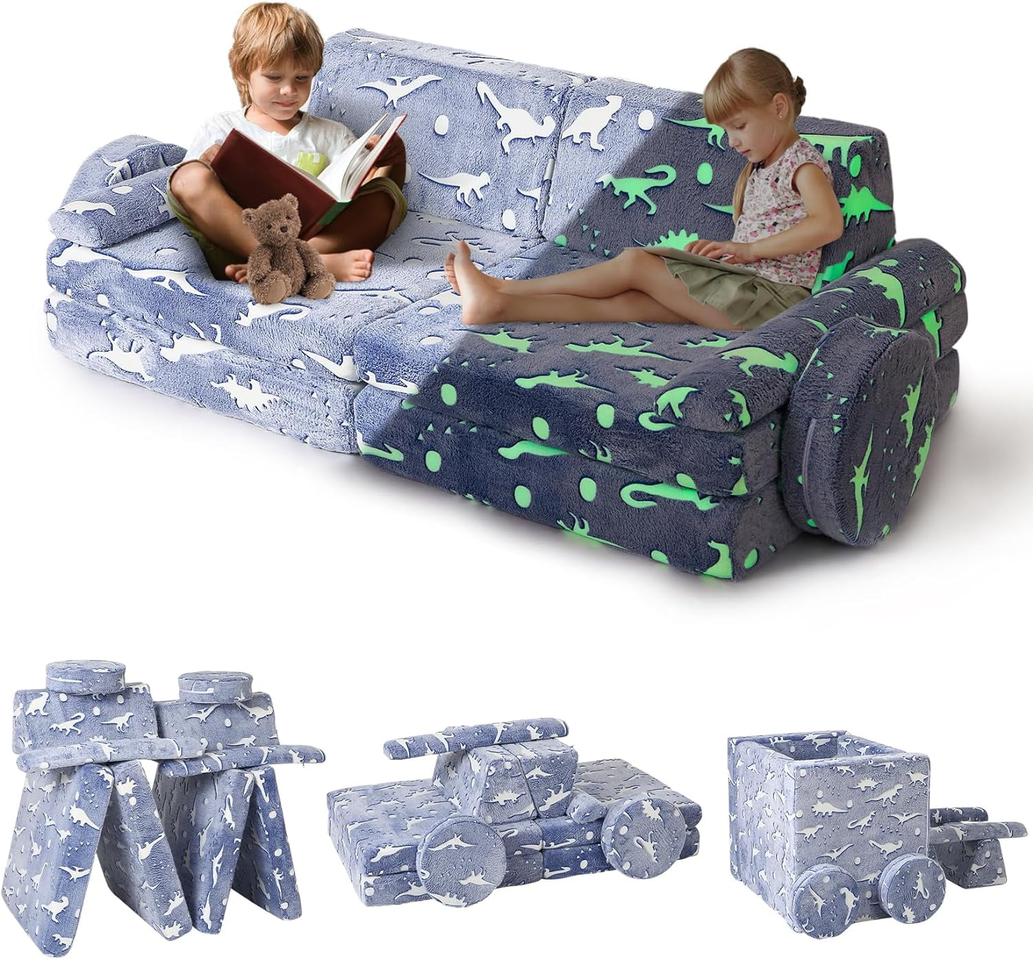 Modular Kids Play Couch, Glow Dinosaur Toddler Play Sofa for Playroom Nursery, Kids Convertible ...