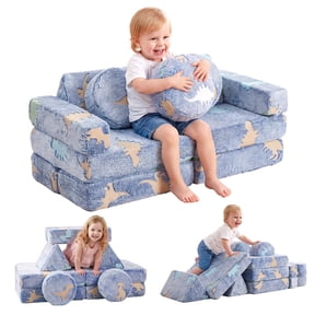 Modular Kids Play Couch – Soft Flannel Children's Sofa for Playroom & Kids Seating – Compact, Comfortable, Glow-in-the-Dark – Ideal for Toddlers – Blue - Little Dinosaur