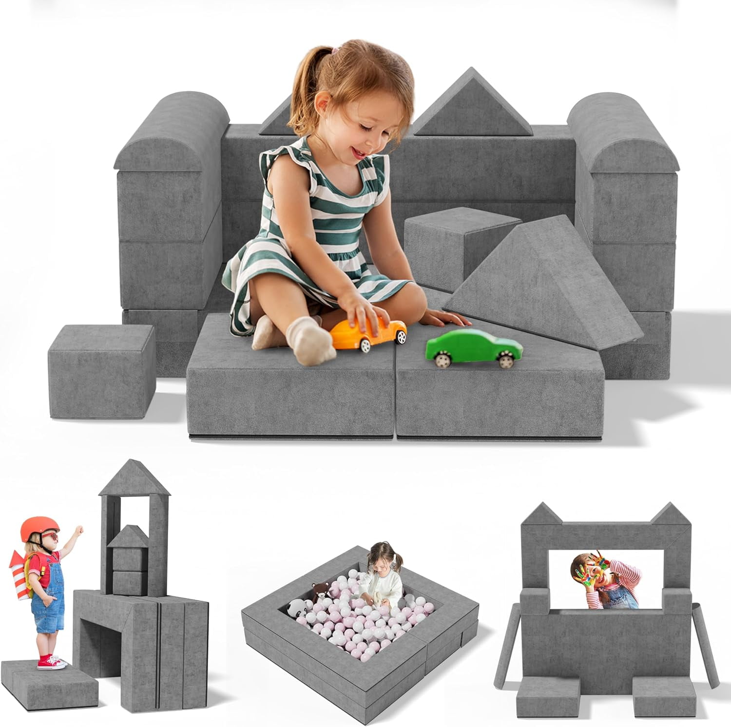 Linor 13 Pcs Modular Kids Couch Explore Building Furniture for Toddlers 1 3 Room Children s Sofa Grey Walmart