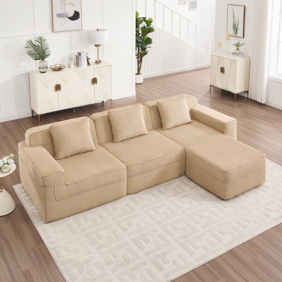 Modular L Shape Sectional Sofa with Ottoman, Cloud-Like 3-Seat Corduroy Couch for Living Room, Deep Seat Design with Removable Pillows, Boneless Comfort