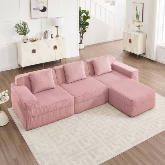 Modular L Shape Sectional Sofa With Ottoman, Cloud-Like 3-Seat Corduroy Couch For Living Room, Deep Seat Design With Removable Pillows