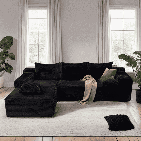 Kelyda 104'' Modular L-Shaped Sectional Sofa, Modern Memory Foam Deep Seat Corduroy Boneless Cloud Couch Black