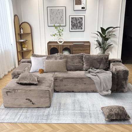 Kelyda 104'' Modular L-Shaped Sectional Sofa, Modern Memory Foam Deep Seat Corduroy Boneless Cloud Couch Coffee