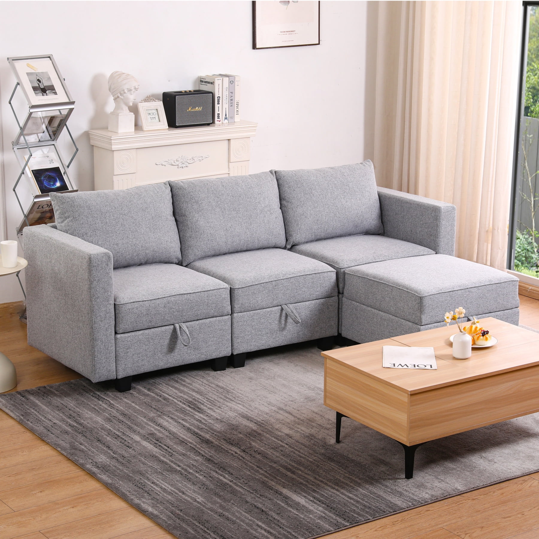 Modular L Shaped 3 Seater Sectional Sofa With Storage Ottoman