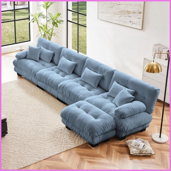Modular L-Shaped 4-Seater Vintage Chenille Sofa - Blue Cloud Couch with Convertible Ottoman for Living Room