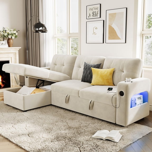 Modular L-Shaped Chenille Sectional Sleeper Sofa Bed – Pull Out, Reversible Storage Chaise, LED Lights, USB/Type-C Charging Station, Convertible Couch for Living Room or Apartment, Cream-Colored