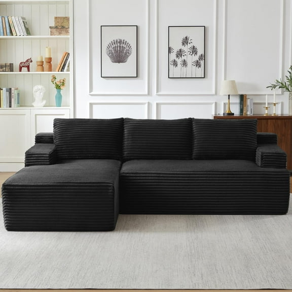 Modular L-Shaped Cloud Sofa in Black Corduroy, Deep Seat Sectional with Sponge and Pocket Spring Support for Living Room and Bedroom