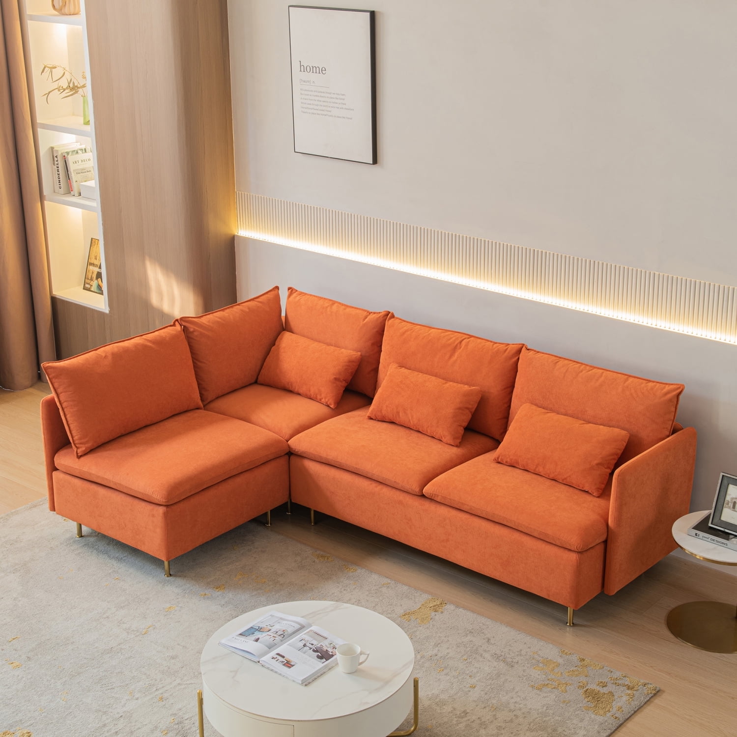 Modular LShaped Corner Sofa in Orange Cotton Linen Left Hand Facing Sectional Couch
