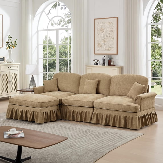Modular L Shaped Sectional Couch with Ottoman, Chaise Lounge Sofa with Removable Ruffles Pleats Skirts, 3-Seat Deep Seat Sofa for Living Room, Light Coffee