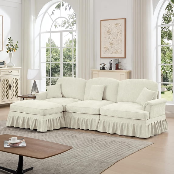 Modular L Shaped Sectional Couch with Ottoman, Chaise Lounge Sofa with Removable Ruffles Pleats Skirts, 3-Seat Deep Seat Sofa for Living Room, Beige