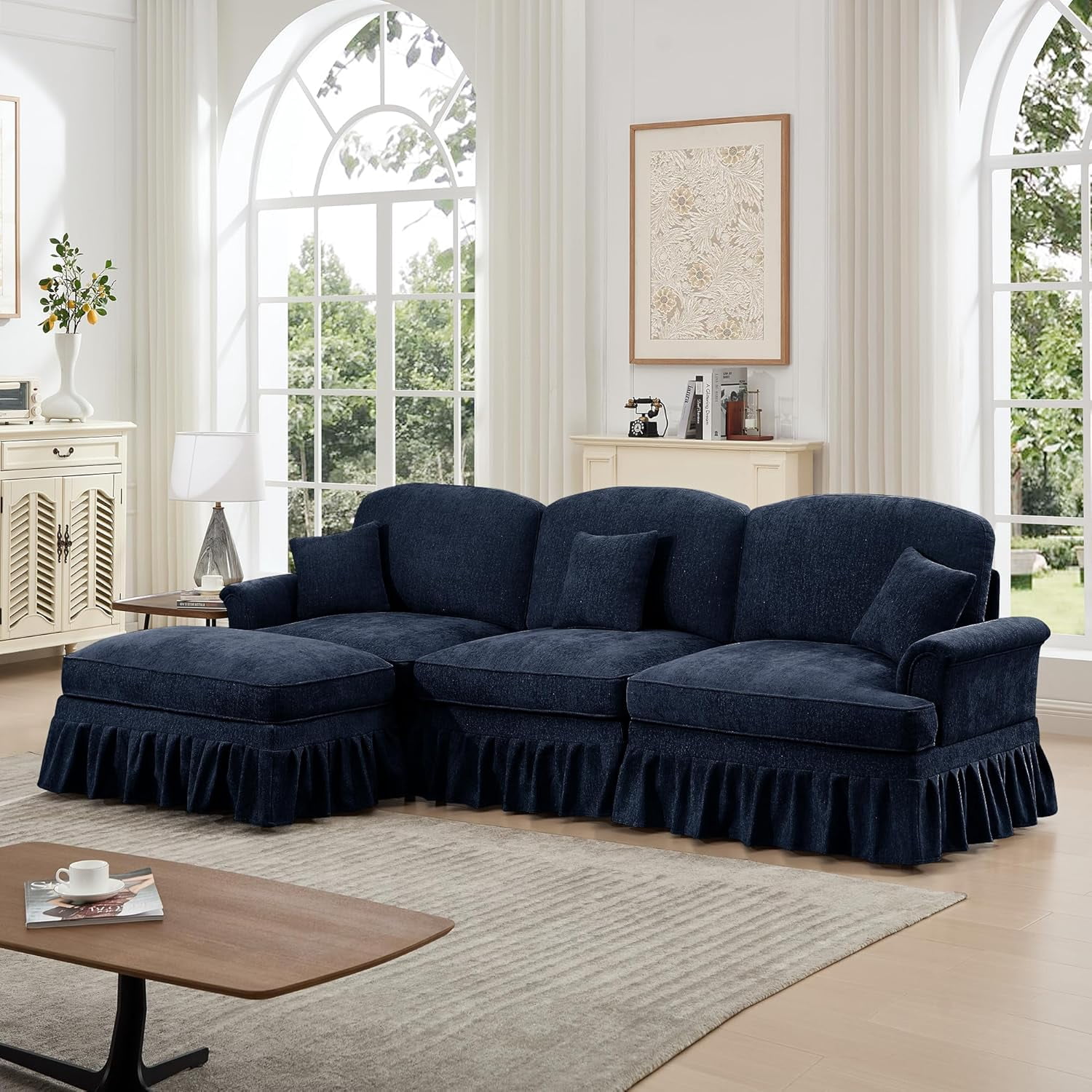 Modular L Shaped Sectional Couch with Ottoman, Chaise Lounge Sofa with Removable Ruffles Pleats Skirts, 3-Seat Deep Seat Sofa for Living Room, Blue