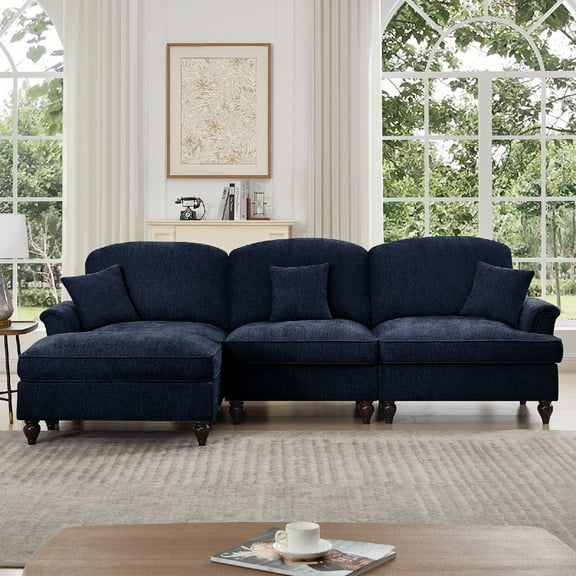 Modular L Shaped Sectional Sofa Couch with Movable Ottoman, Comfy Chenille 3 Seater Deep Seat Sofa with Flared Arms and Removable Ruffles Pleats Skirts and Spindle Legs for Living Room,Apartment,Blue