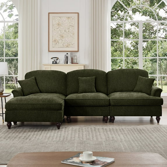 Modular L Shaped Sectional Sofa Couch with Movable Ottoman, Comfy Chenille 3 Seater Deep Seat Sofa with Flared Arms and Removable Ruffles Pleats Skirts and Spindle Legs for Livingroom,Apartment,Green