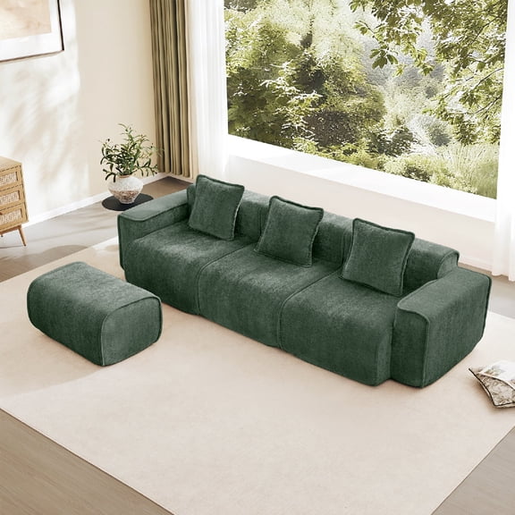 Modular L-Shaped Sectional Sofa Couch with Movable Ottoman, Oversized 3-Seater Comfortable Velvet Cloud Upholstery Sofa Couch Set with 3 Pillows for Living Room, Apartment, Easy Assembly, Green