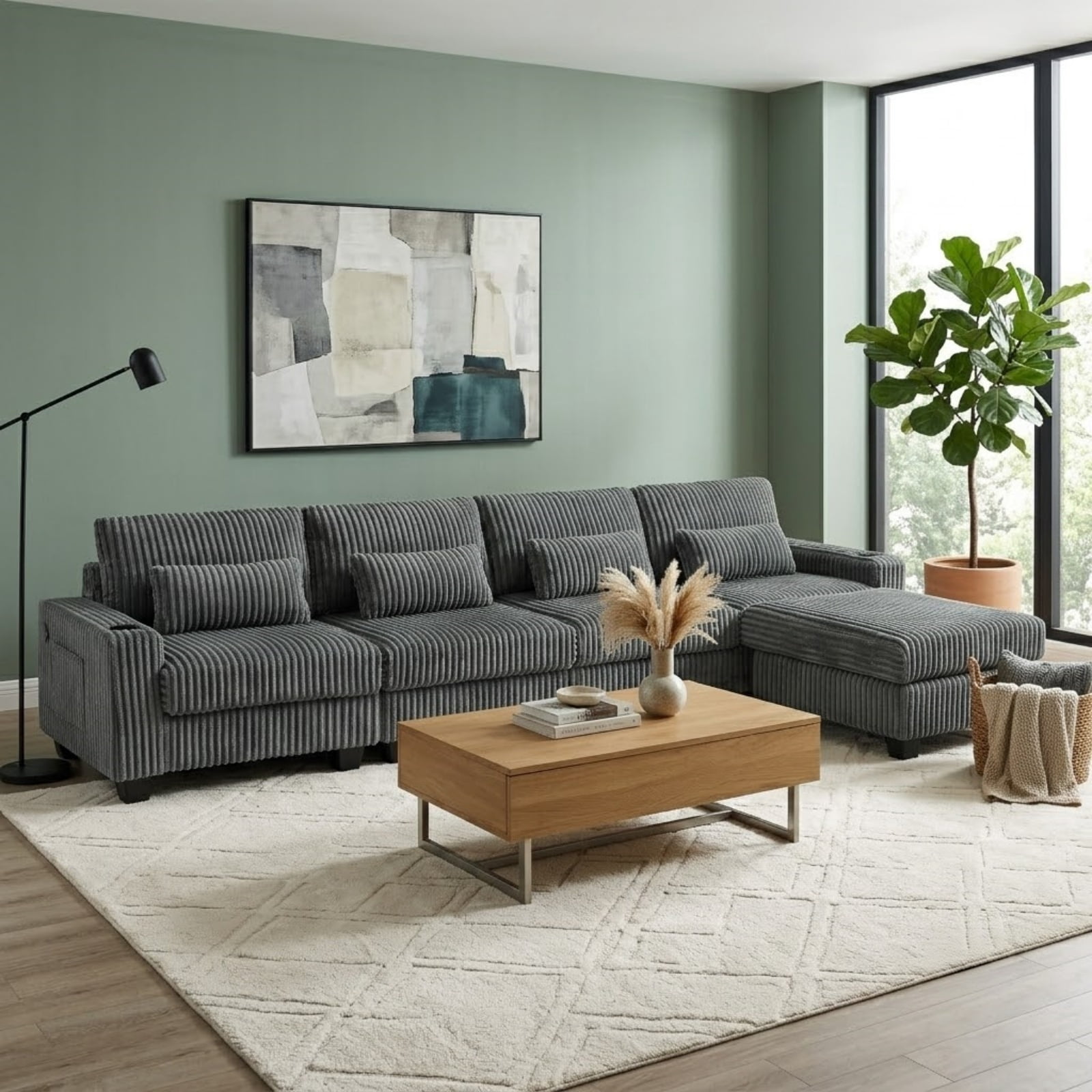 Modular L-Shaped Sectional Sofa with Detachable Ottoman Footrest and Cup Holders, Corduroy 4-Seater Sofa Couch with Side Storage Pockets and Sturdy Plastic Support Feet for Living Room