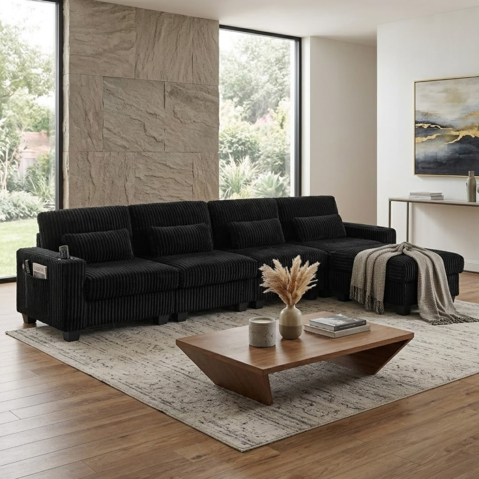 Modular L-Shaped Sectional Sofa with Detachable Ottoman Footrest and Cup Holders, Corduroy 4-Seater Sofa Couch with Side Storage Pockets and Sturdy Plastic Support Feet for Living Room