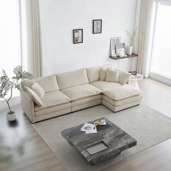 Modern Beige Chenille Oversized L-Shaped Sectional Sofa with Reversible Ottoman (2208075cm)