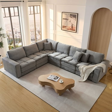 Modular L Shaped Sectional Sofa, Oversized Corduroy Fabric L Shaped Couch, Upholstered Modern 6 Seat Corner Sofa with 3 Pillow for Living Room, Office