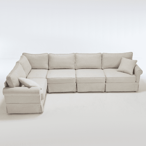 Modular L-Shaped Sectional Sofa Set, 5-Seat Convertible Couch with Rolled Arms and Soft Linen Fabric, Reversible Corner Sofa for Living Room Apartment, Beige