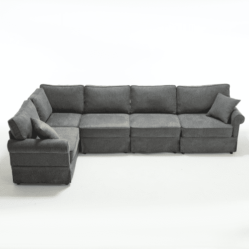 Modular L-Shaped Sectional Sofa Set, 5-Seat Convertible Couch with Rolled Arms and Soft Linen Fabric, Reversible Corner Sofa for Living Room Apartment, Dark Gray