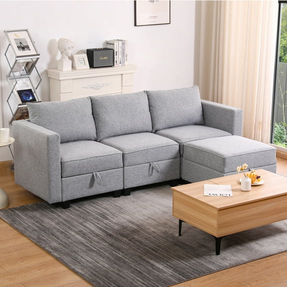 Modular L Shaped Sectional Sofa With Ottoman 3 Seater Couch Convertible Chaise In Light Grey For Small Living Rooms