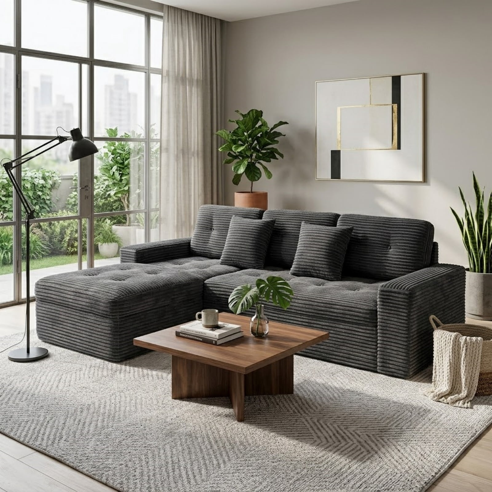 Modular L-Shaped Sectional Sofa with Ottoman, 105'' Cloud Sofa Set, 3-Seat Modular Sofa Couch for Living Room, DIY Combination