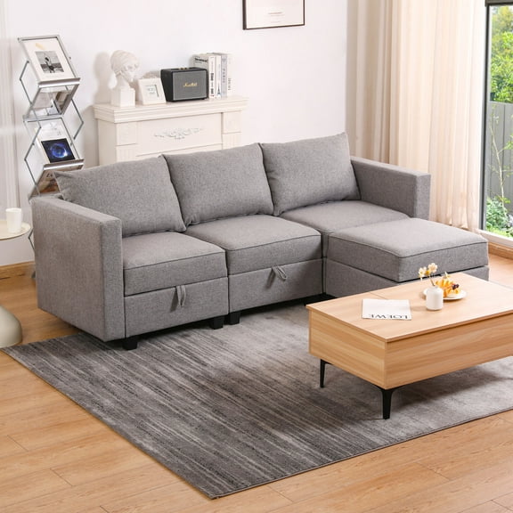 Modular L Shaped Sectional Sofa with Ottoman 3 Seater Convertible Couch in Dark Grey for Small Spaces