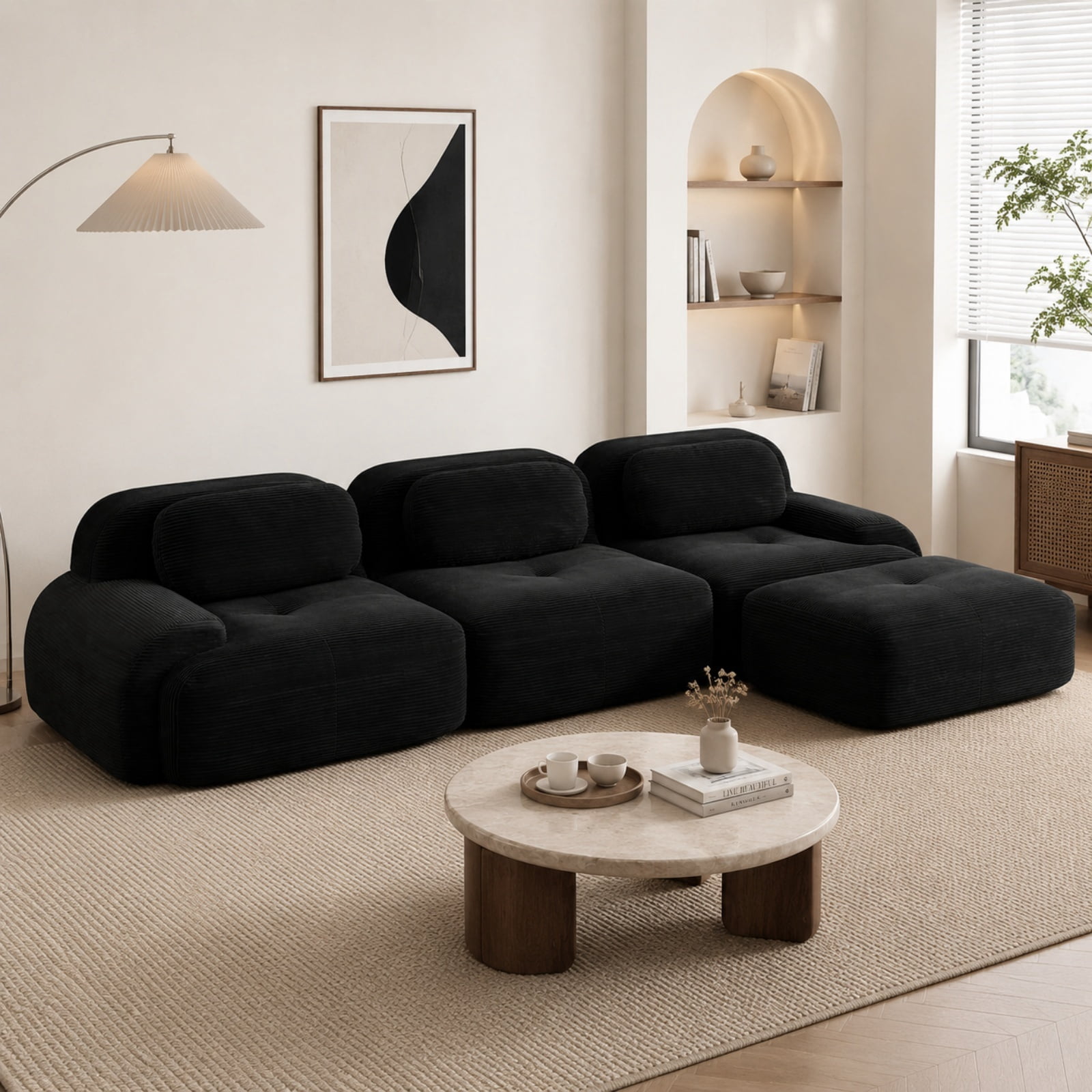 Modular L-Shaped Sectional Sofa with Ottoman, Corduroy 3-Seater Ergonomic Sofa Couch with Curved Armrests for Living Room Bedroom