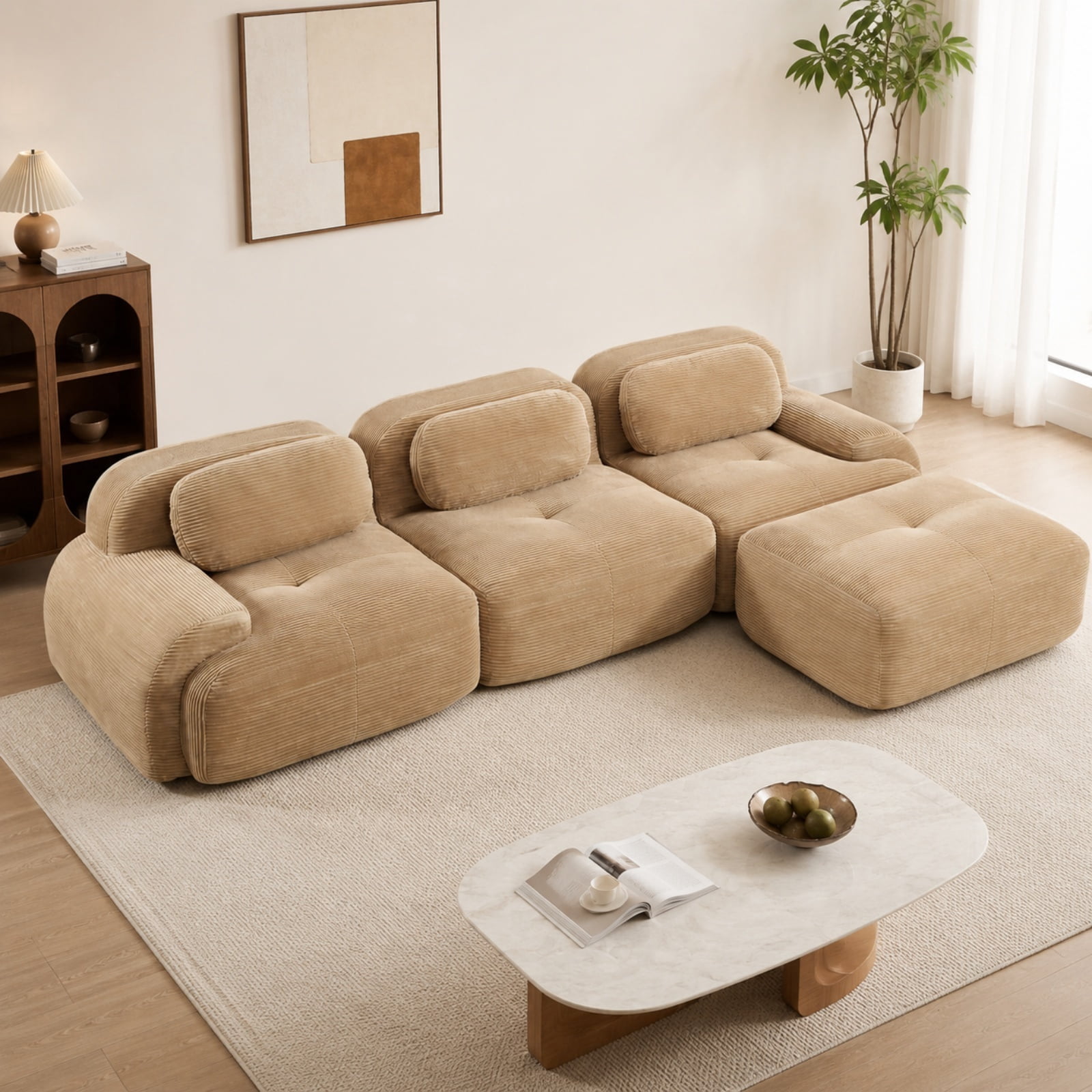 Modular L-Shaped Sectional Sofa with Ottoman, Corduroy 3-Seater Ergonomic Sofa Couch with Curved Armrests for Living Room Bedroom