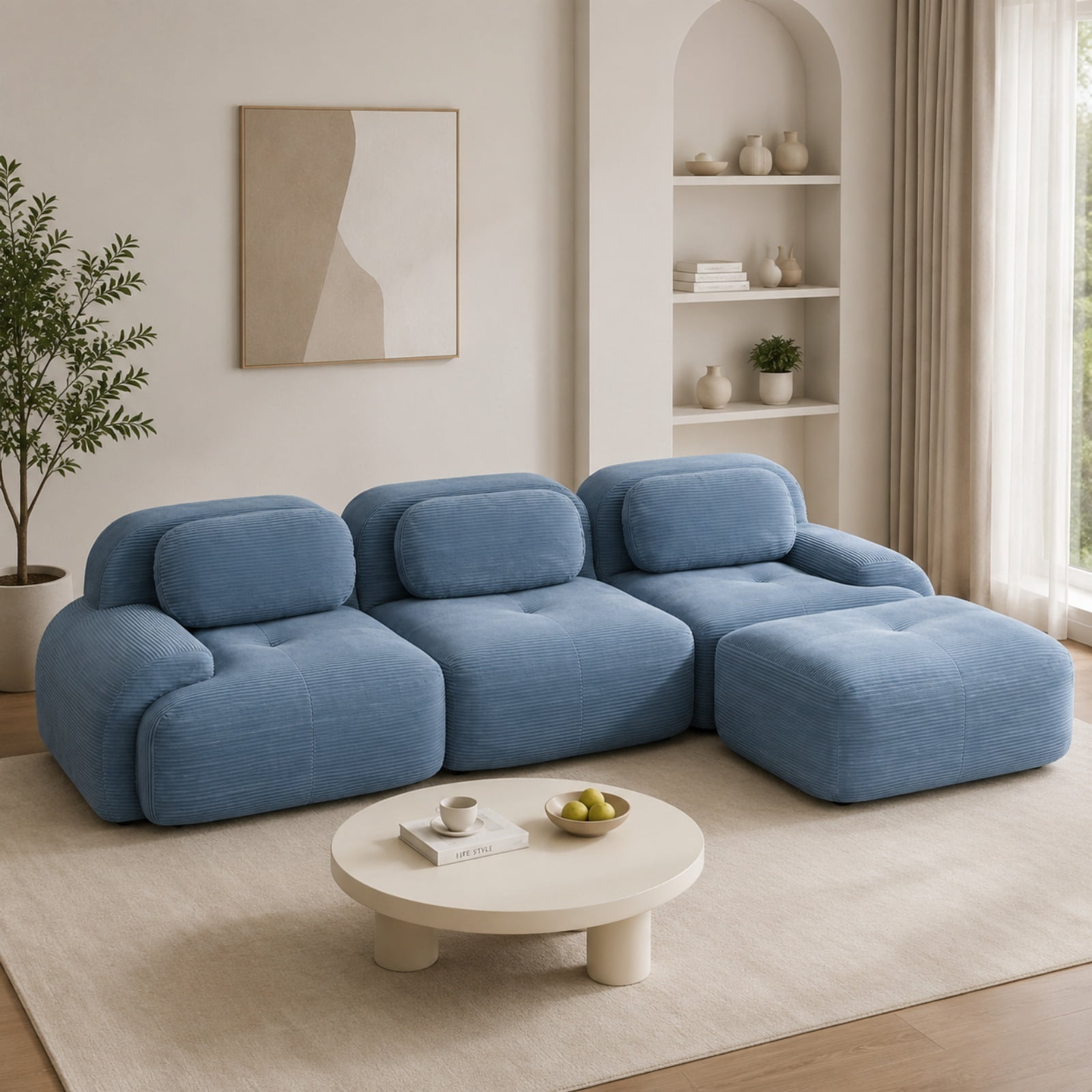 Modular L-Shaped Sectional Sofa with Ottoman, Corduroy 3-Seater Ergonomic Sofa Couch with Curved Armrests for Living Room Bedroom