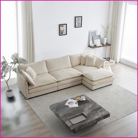 Modular L-Shaped Sectional Sofa with Reversible Ottoman – Beige Chenille Solid Wood Frame for Living Room | Beige | Chenille | Solid Wood Frame