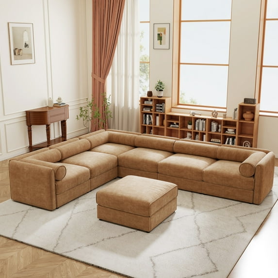 Modular L Shaped Sectional Sofa with Storage Ottoman and Deep Seats 7 Piece Chenille Cloud Couch for Living Room Camel