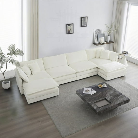 Modern U-Shaped Couch with Reversible Chaise, White Chenille, 220×80×75cm