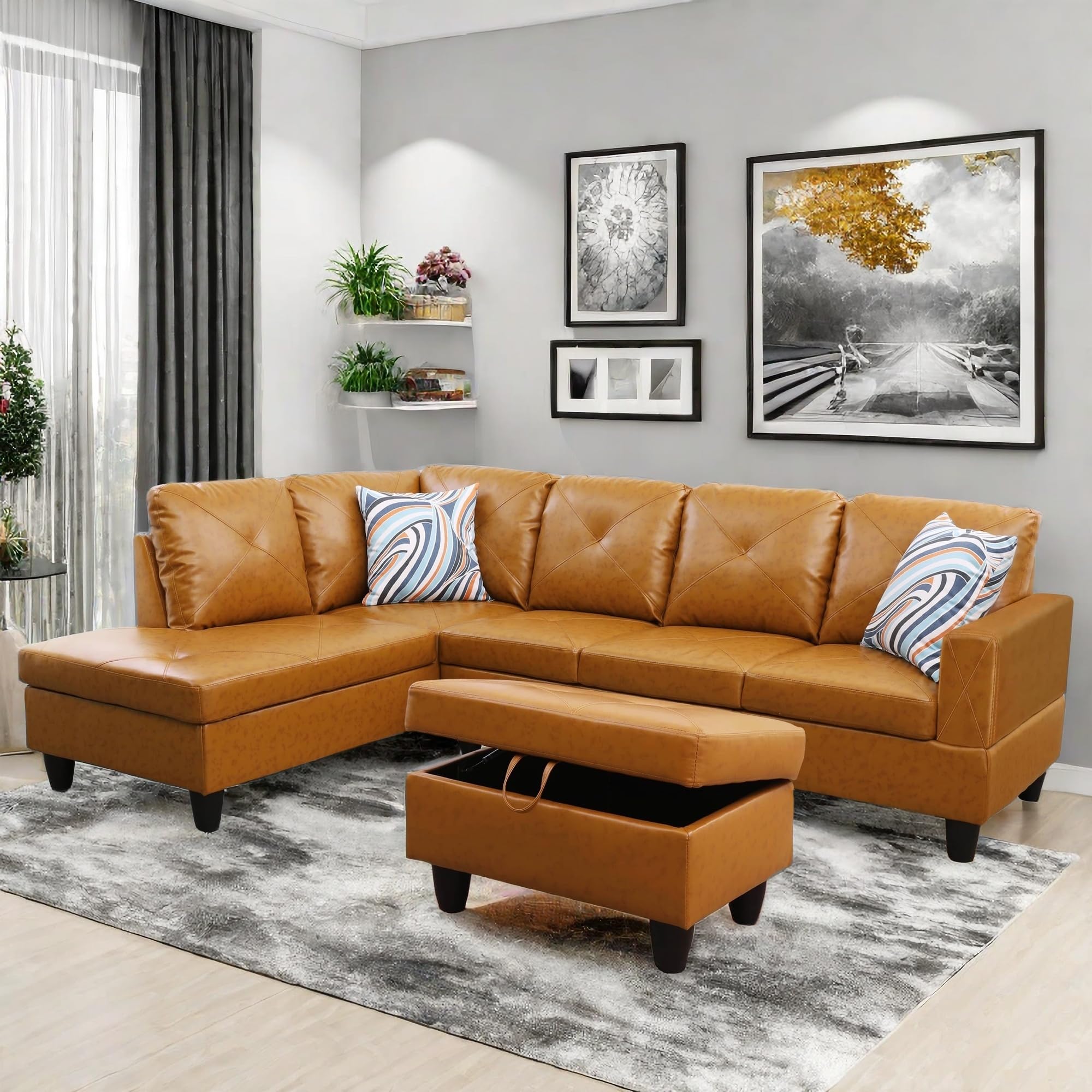Modular Leather Sectional, L-Shaped Sofa with Storage and Ottomans