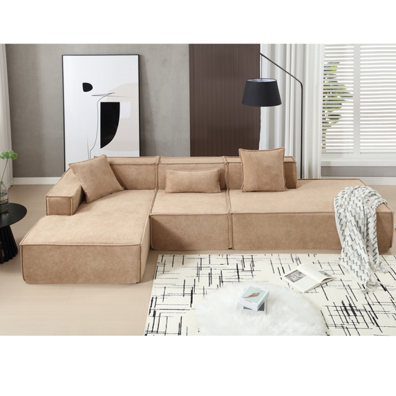 Modular Living Room Sofa Set - Modern Minimalist L-Shaped Sofa with Italian Tofu Block Design, Terry Cloth Fabric, Left-Hand Facing, Light Brown