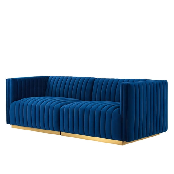 Modular Loveseat Sofa Couch, Blue Navy Gold, Velvet, French Living Lounge Cafe Lobby Hospitality Restaurant, Modern Contemporary Boutique HB34161