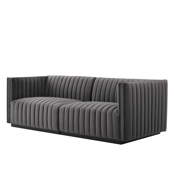 Modular Loveseat Sofa Couch, Grey Gray Black, Velvet, French Living Lounge Cafe Lobby Hospitality Restaurant, Modern Boutique HB33972