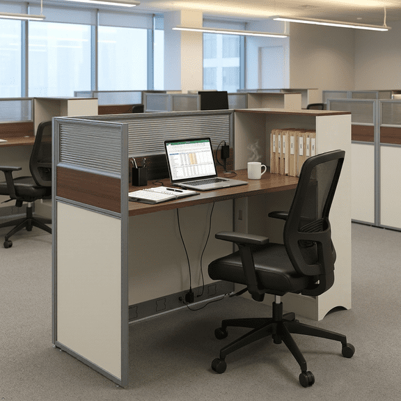Modular Office Cubicle Workstation, Privacy Partition Desk with Side Storage Built-in Power Outlets & Cable Management for Open Office, Call Center(Walnut+White,Right,59in)