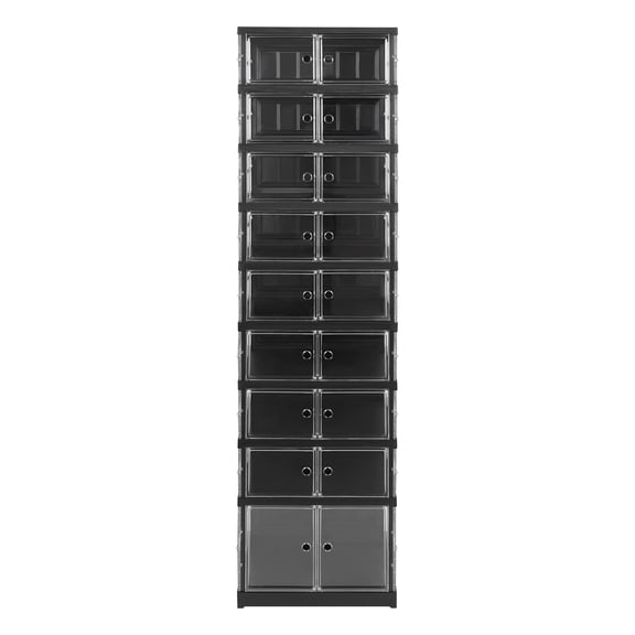Modular Plastic Shoe Storage Boxes Cabinet with Wheels 9-Tier 18 Pairs Clear Closet Shoe Orgarnizer Rack Black