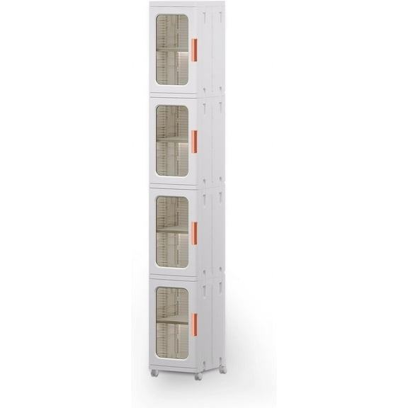 Modular Plastic Storage Cabinet with Wheels Stackable Vertical Organizer with See-Through Doors and Handles, Space-Saving Multipurpose Storage Solution for Home, Kitchen, Garage, and Office,