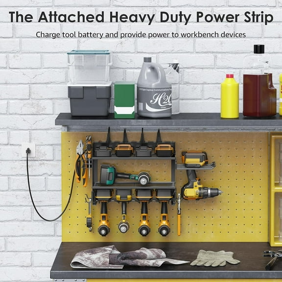 Modular Power Tool Organizer Wall Mount – Best Deal, Black 6 Drill Holder with 8 Plug 10FT Power Strip, Heavy Duty Metal Shelf, Utility Rack with Hooks & Side Storage for Garage Organization