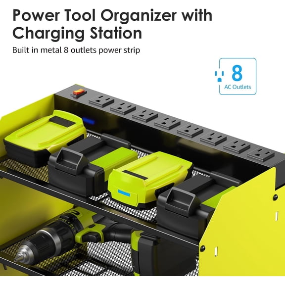 Modular Power Tool Organizer Wall Mount Charging Station with 6 Drill Holders and 8-Outlet Power Strip, Heavy Duty Metal Garage Storage Rack with Hooks for Drills Batteries Tools