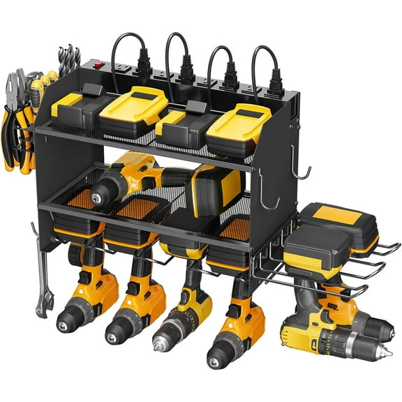 Modular Power Tool Organizer Wall Mount Charging Station, Black 6 Drills Holder with 8 Plug Power Strip, Garage Drill Battery Heavy Duty Metal Shelf, Utility Rack with Hooks, Side Storage.