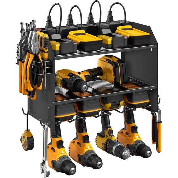 Modular Power Tool Organizer Wall Mount with Charging Station, Garage Drill Storage Shelf with Hooks and Heavy-Duty Metal Rack, 8-Outlet Battery Holder, Black, 1 Pack