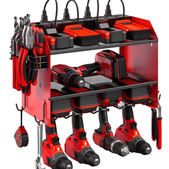 Modular Power Tool Organizer Wall Mount with Charging Station. Garage Drill Storage Shelf with Hooks, Heavy Duty Rack, Tool Battery Holder Built in 8 Outlet. Gift for Men. Red, 1 Pack.
