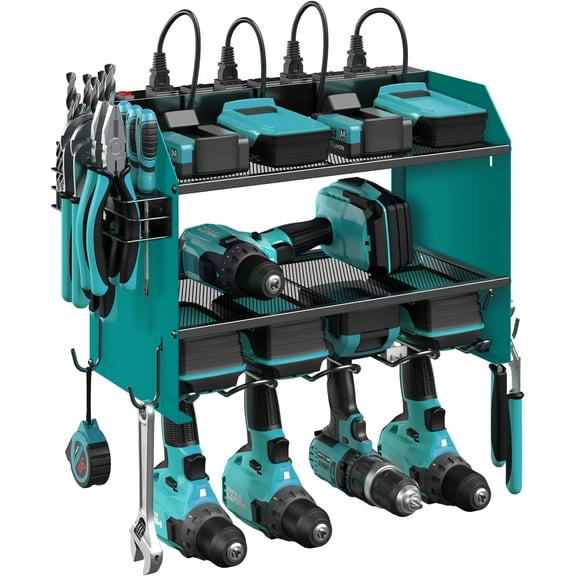 Modular Power Tool Organizer Wall Mount with Station. Garage Drill Storage Shelf with Hooks, Heavy Duty Rack, Tool Holder Built in 8 Outlet. for Men. Navy Blue, 2 Pack.
